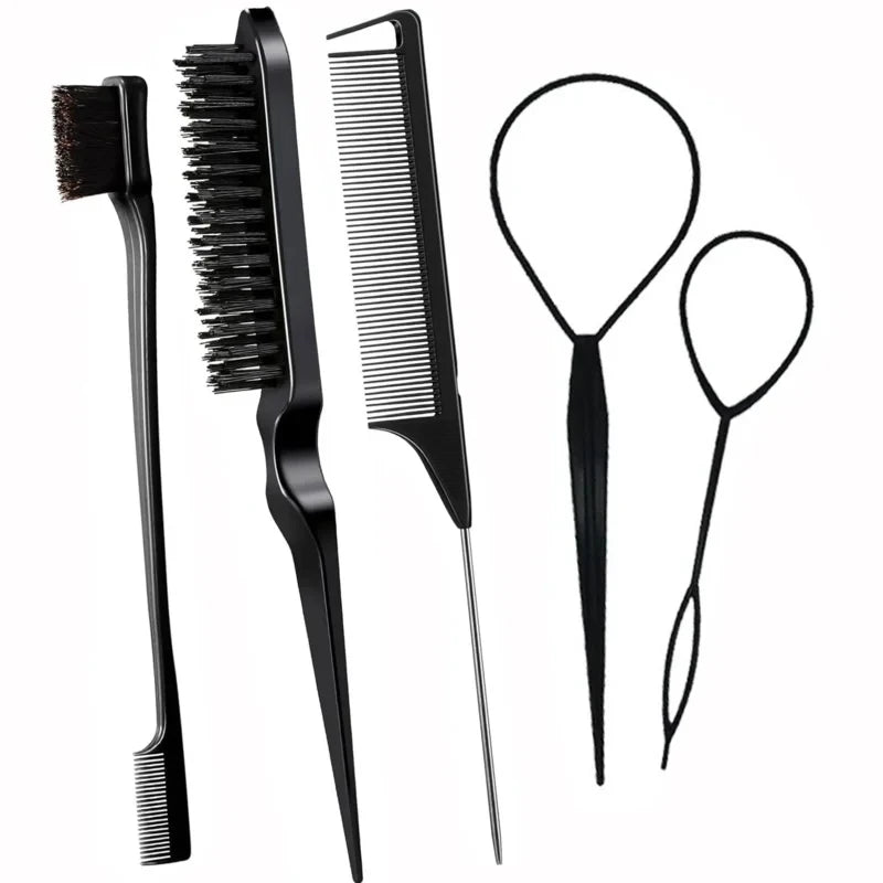 5Pcs Hairdressing Comb Set Pointed Tail Comb Dual Head Eyebrow Brush Triple Row Hair Coiler Salon Styling Tools