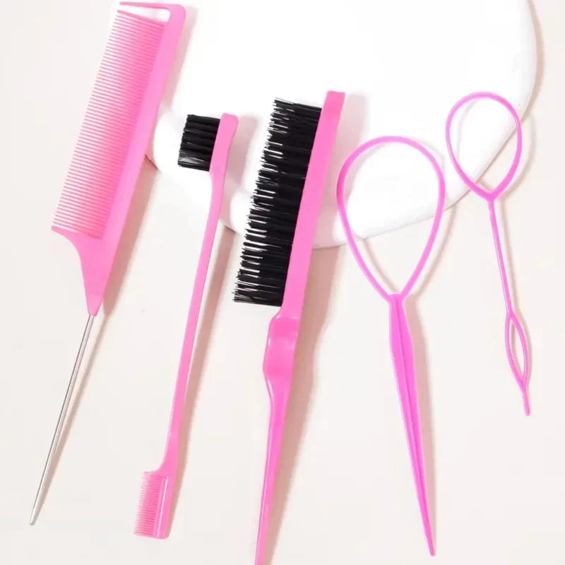 5Pcs Hairdressing Comb Set Pointed Tail Comb Dual Head Eyebrow Brush Triple Row Hair Coiler Salon Styling Tools